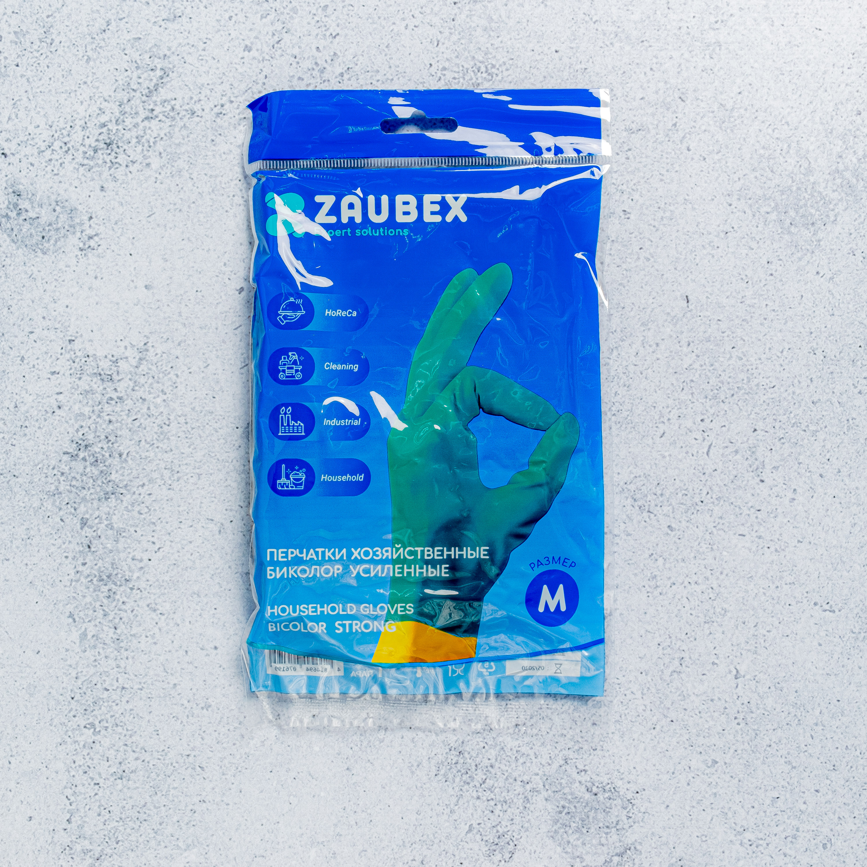 Перчатки латексные хоз. Zaubex БИКОЛОР усиленные р-р М зел./жел.